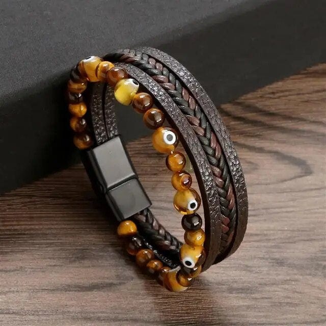 Wrap Bracelet Leather Mens Stack Tiger Evil Eye bracelet by Unique Leather Bracelets