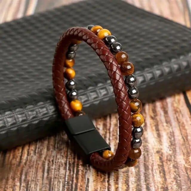 Wrap Bracelet Leather Mens Stack Tiger Eye Braid Twist bracelet by Unique Leather Bracelets