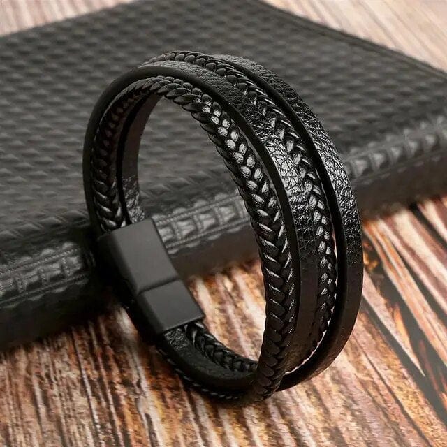 Wrap Bracelet Leather Mens Stack Twist Braid Wrap Unique Leather Bracelets 18.5cm Black 