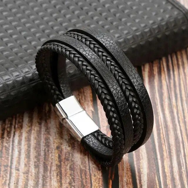 Wrap Bracelet Leather Mens Stack Twisted Braid Wrap Unique Leather Bracelets 18.5cm Black 