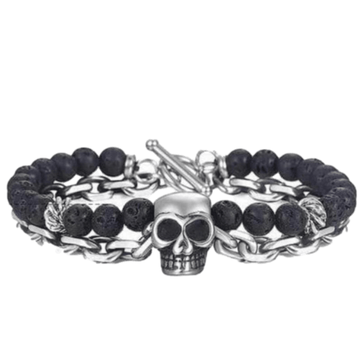 Cuban Link Stainless Steel Beaded Bracelets Beaded Unique Leather Bracelets Black/Skull/Volcanic Stone WH2 10inch