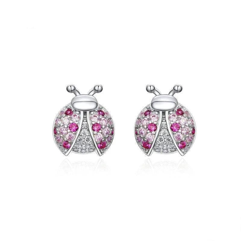 Classic Jeweled  Ladybug Earrings Stud Unique Leather Bracelets Silver/Pink  