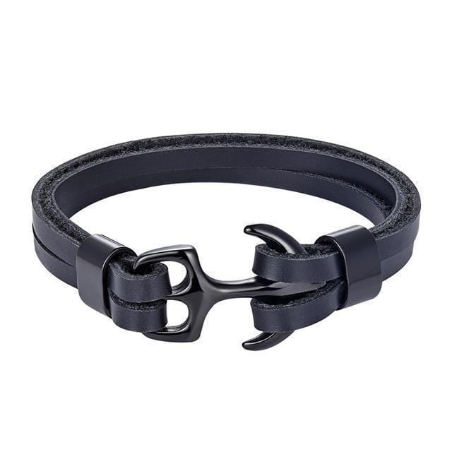 Titanium Anchor Leather Bracelet Leather Unique Leather Bracelets Black/Black 19cm 