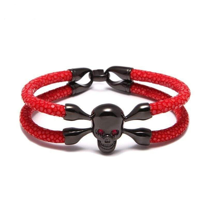 Luxury Leather Red Eye Crossbones Leather Unique Leather Bracelets   