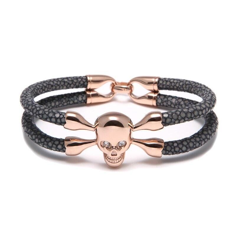 Luxury Leather Red Eye Crossbones Leather Unique Leather Bracelets Gray/Rose Gold 16cm 