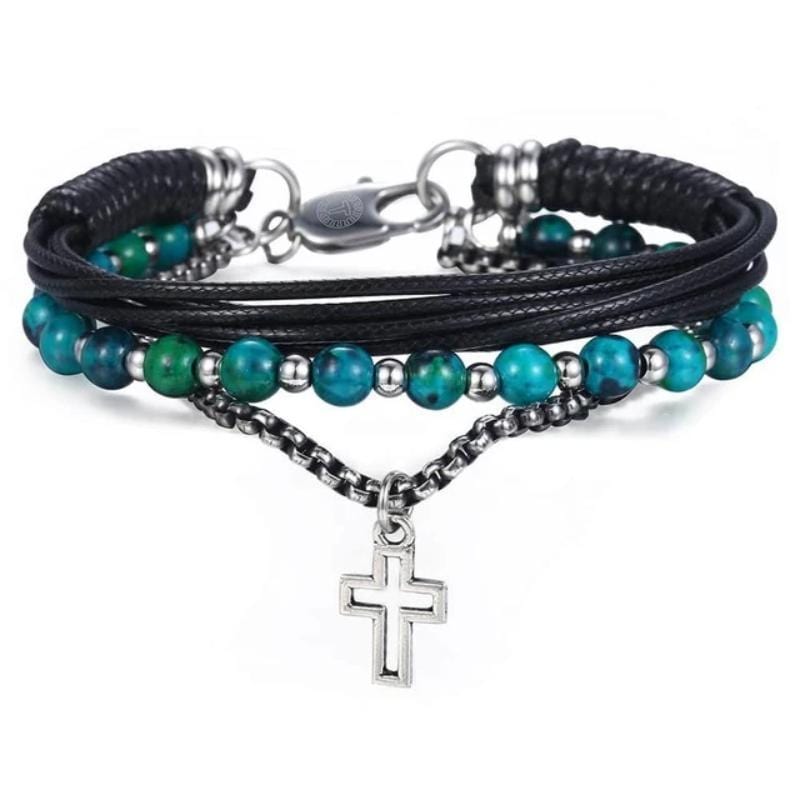 Rustic Cross Leather Beaded Bracelet Beaded Unique Leather Bracelets Turquoise  