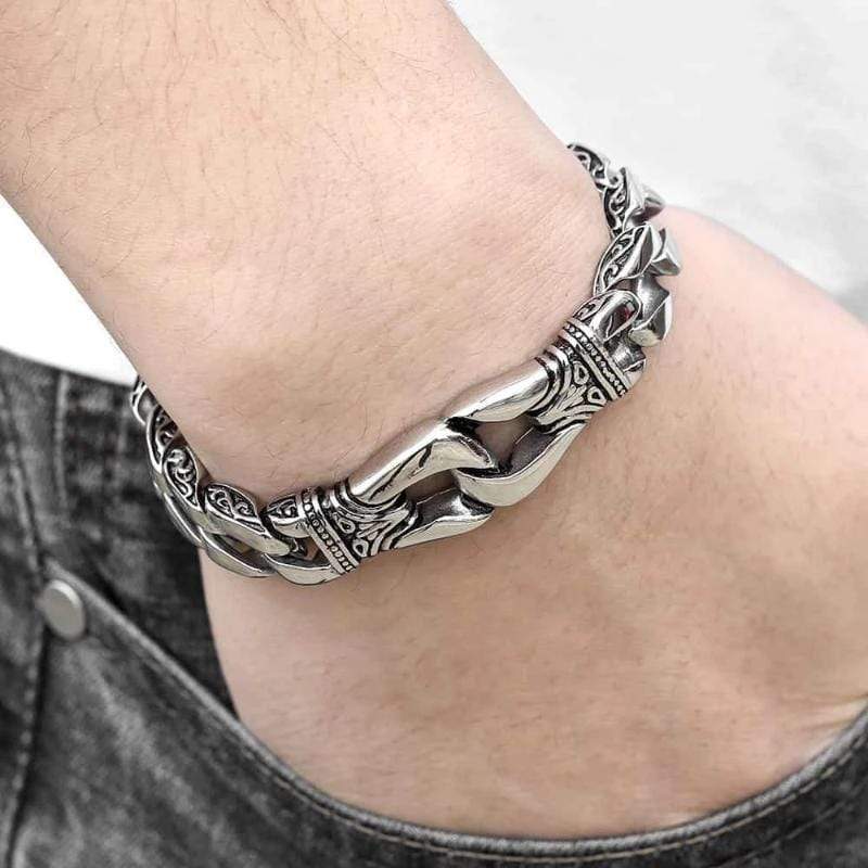 Cuban Link Chain Totem Pole Mens Stainless Steel Bracelets Link Chain Unique Leather Bracelets 18cm Silver 