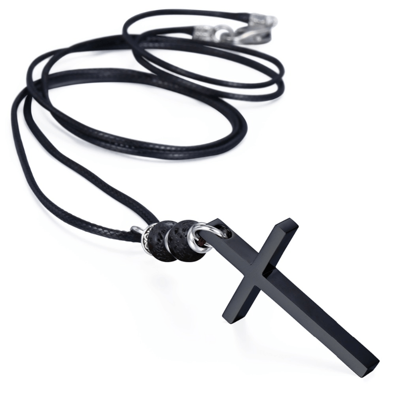 Mens Lava Stone Black Leather Cross Necklace Necklaces Unique Leather Bracelets   
